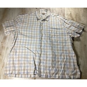 White With Blue And Brown Plaid Button Up Linen Cotton‎ Blend Men's XXL
